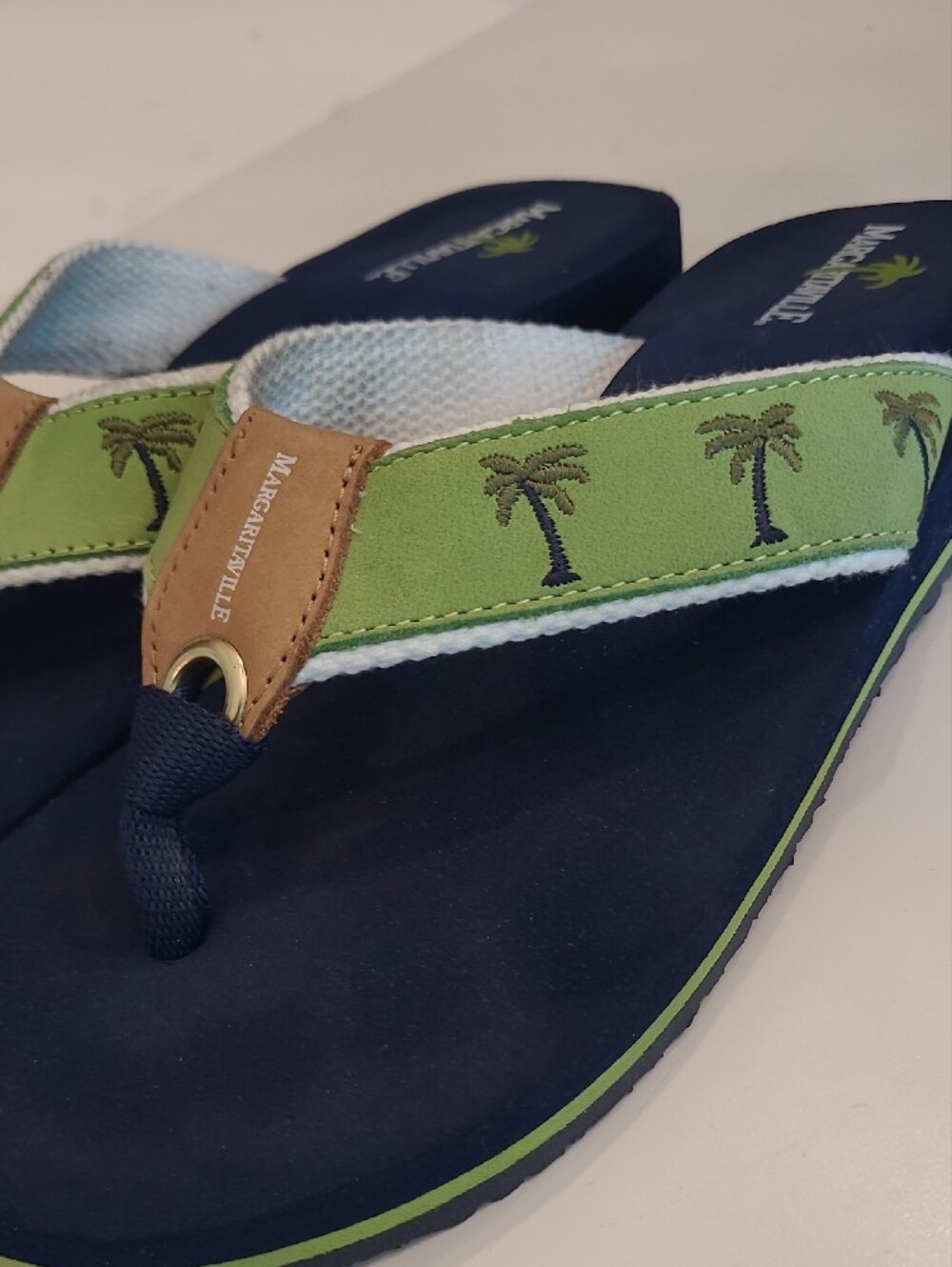 Margaritaville Breezy Slip On Toe Peg Leather Sandal Palm Tree Foam Flip Flops - Picture 11 of 17